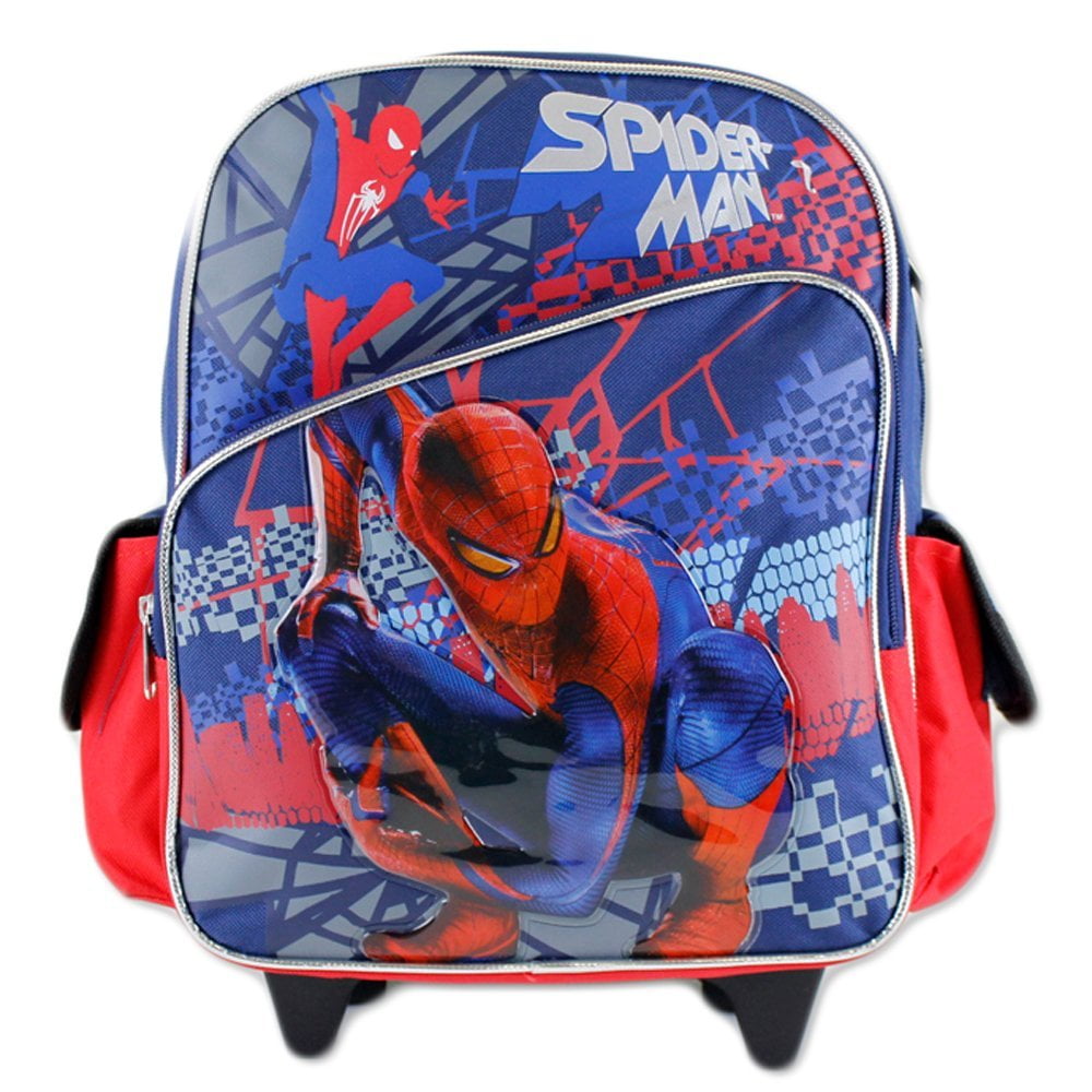 12' Spiderman slanted front pocket navy and red theme rolling Backpack ...