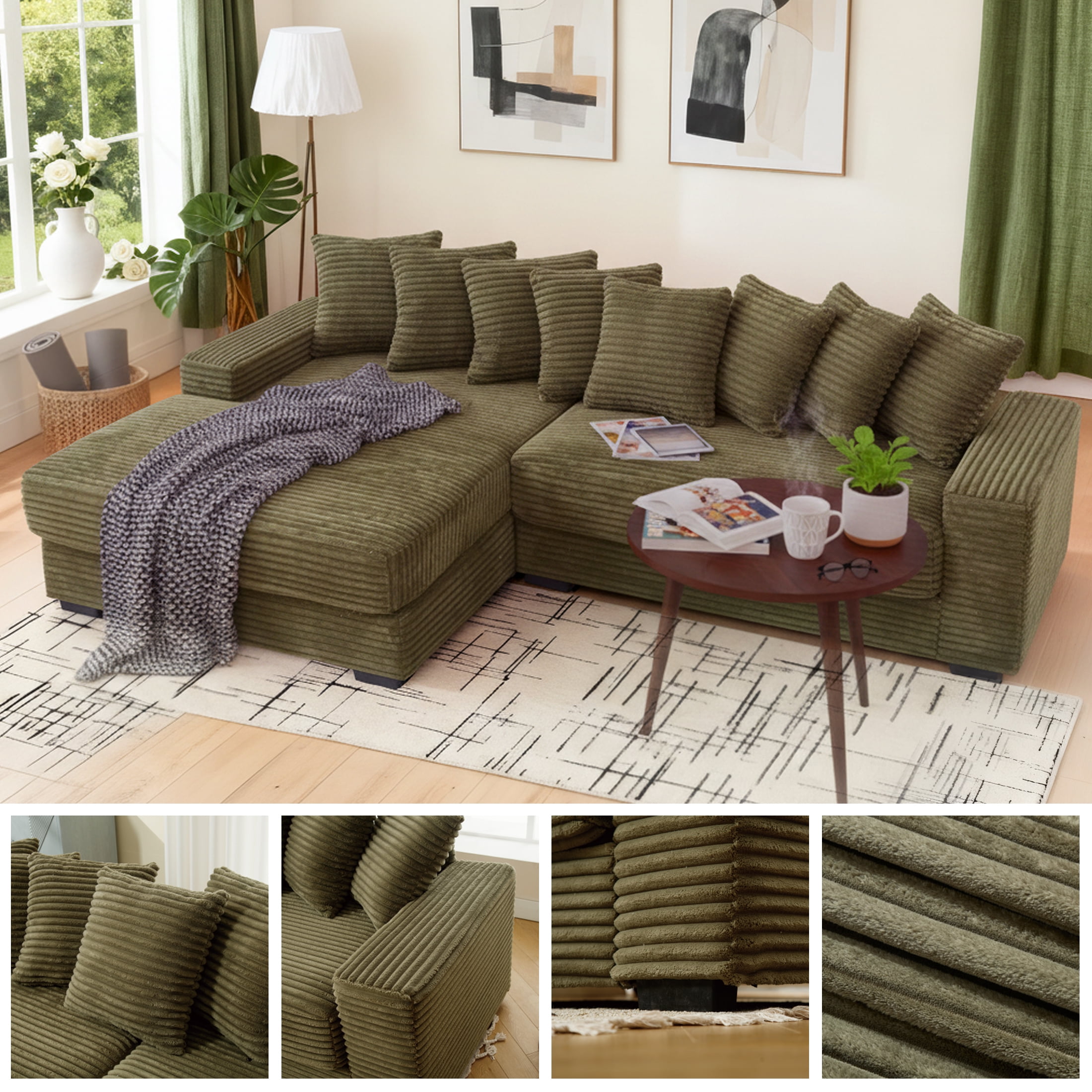 EPOWP Modular Sectional Sofa with 8 Pillows, 111" L Shaped Deep-Seating Couch for Living Room, Green(Left)