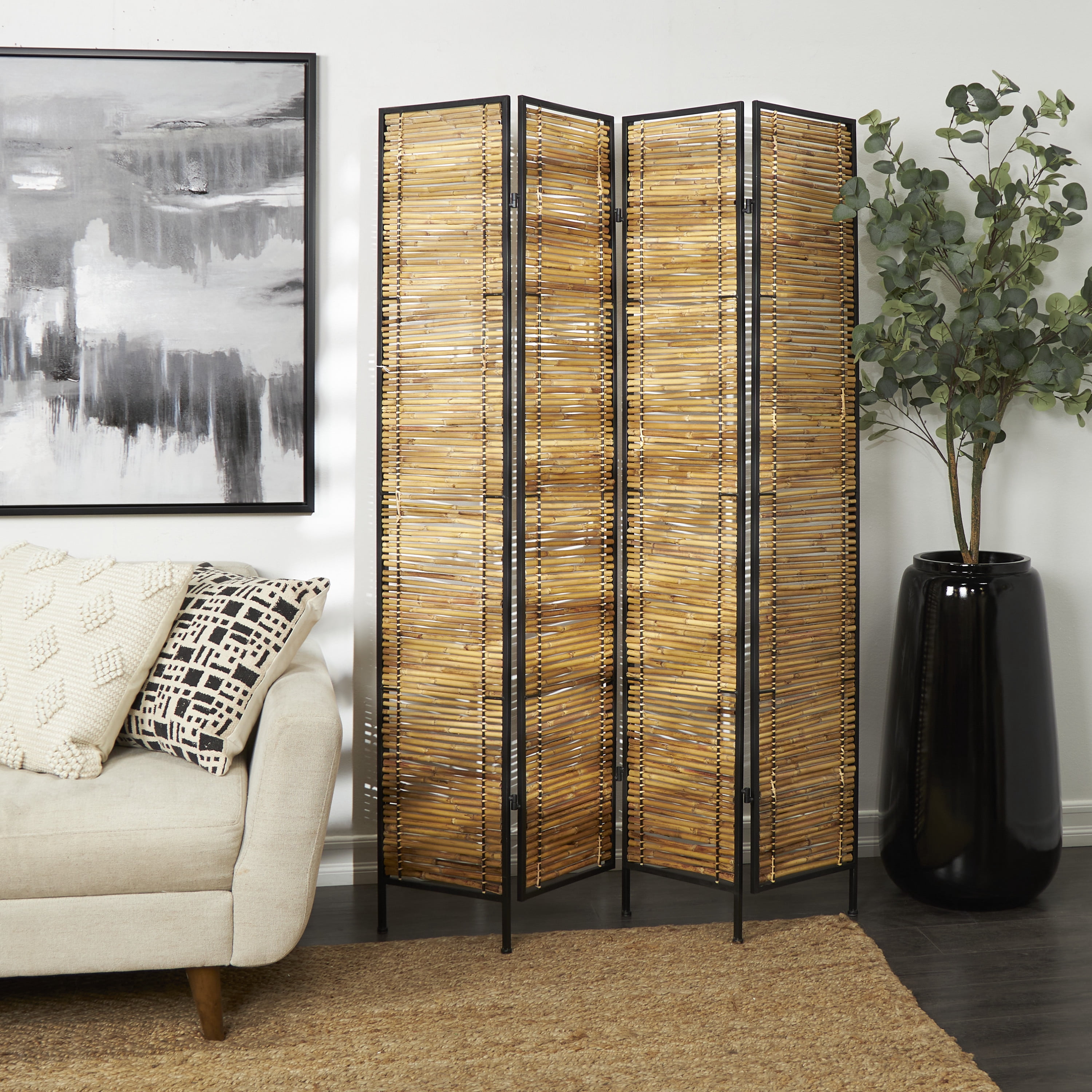 DecMode 63" x 71" Light Brown Bamboo Handmade Hinged Foldable Partition 4 Panel Room Divider Screen with Horizontal Bamboo Stick Design, 1-Piece
