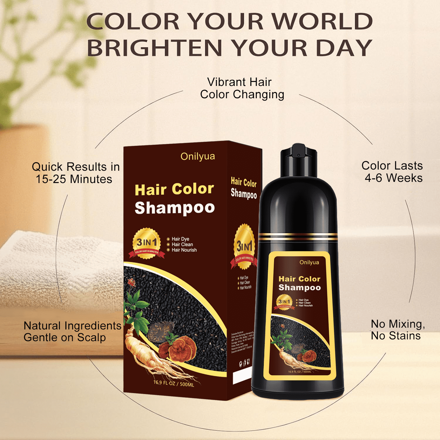 Hair Dye Shampoo 3 in 1, Long-Lasting Hair Color Shampoo with