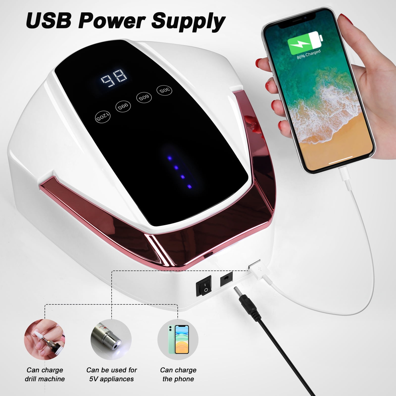 Cordless LED Nail Lamp96W Rechargeable UV LED Nail Lamp with Portable Handle, Multi-Function UV Light for Nails