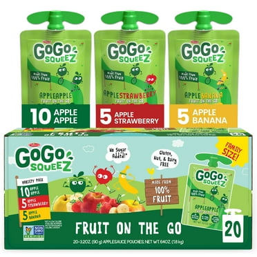 GoGo squeeZ Applesauce and Fruit Puree, Apple Apple, Apple Banana, and Apple Strawberry Snack Pouches Variety Pack, 3.2 oz, 20 Pack