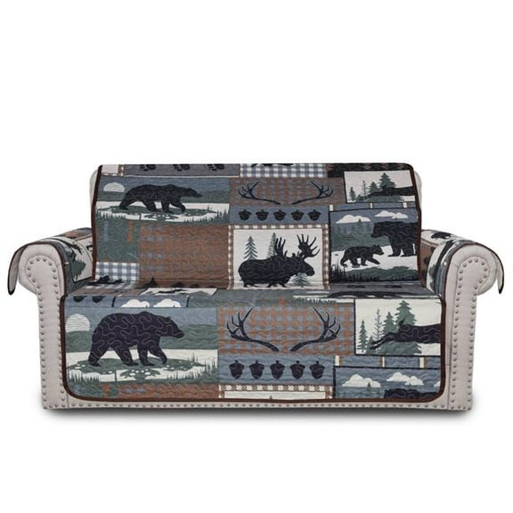 De Leon Collections  Woodland Bear Patchwork Plaid Nature Wild Animal Bear Moose Loveseat Furniture Slipcover