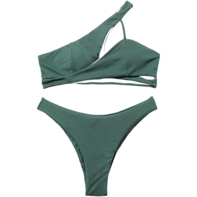 Womens Shoulder High Waist Bkini Set 2Pieces Swimsuit Tummys Control Bathing Suit
