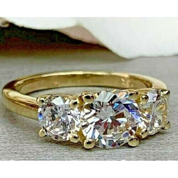 2Ct Round Cut Real Moissanite Three Stone Engagement Ring Solid 14K Yellow Gold