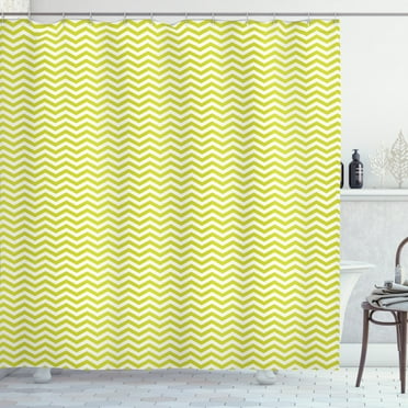 Chevron Shower Curtain, Repeating Abstract Geometrical Modern Pattern with Zigzag Waves Print, Fabric Bathroom Set with Hooks, 69W X 75L Inches Long, Yellow Green and White, by Ambesonne