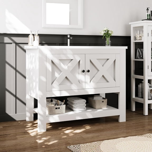 DreamCurship Bathroom Vanity with Sink Combo, 35'' Bathroom Storage Cabinet with Storage, Farmhouse Bathroom Vanity Cabinet with 2 Doors and Open Shelf, White