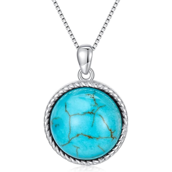SOULMEET 925 Sterling Silver Turquoise Pendant Necklace, Genuine Round December Birthstone Necklace Vintage Jewelry Gift for Women