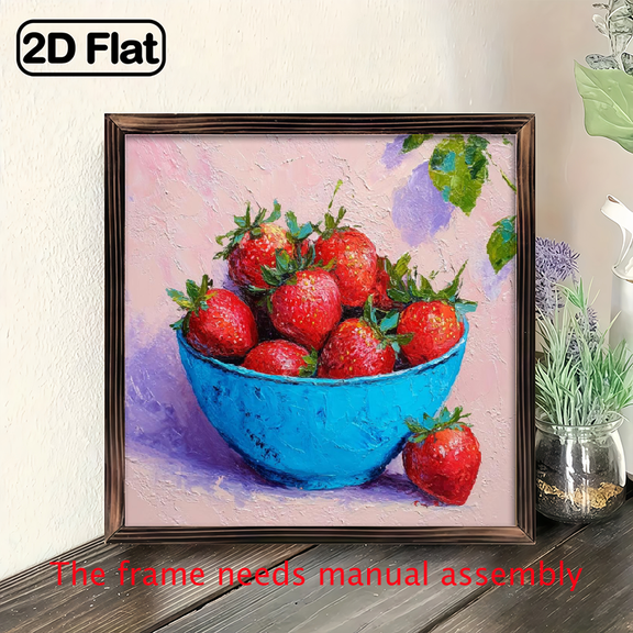 2D Flat - 1pc Rustic Style Strawberry Bowl Wall Art with Wooden Frame - Classic Blue Design, Printing, Summer Kitchen Dining Room Decor, Perfect for Farmhouse or Rustic Home Aesthetics, Dining 8*8in
