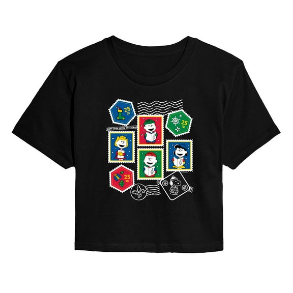 Peanuts - Christmas Stamps - Juniors Cropped Short Sleeve Graphic T-Shirt