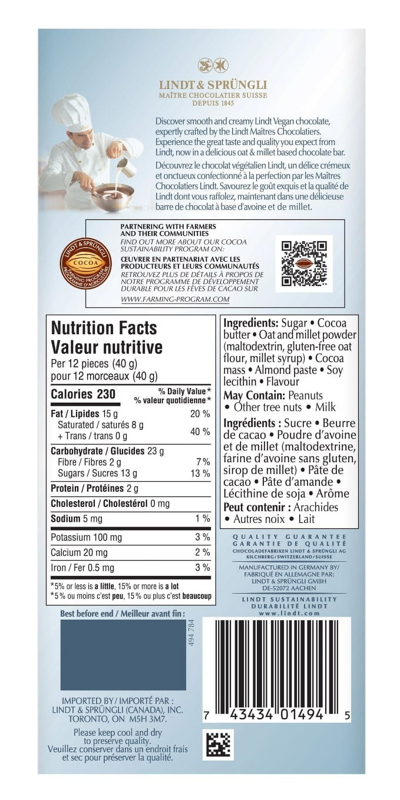 Chocolat végétalien original Lindt – Barre (100 g) 100g