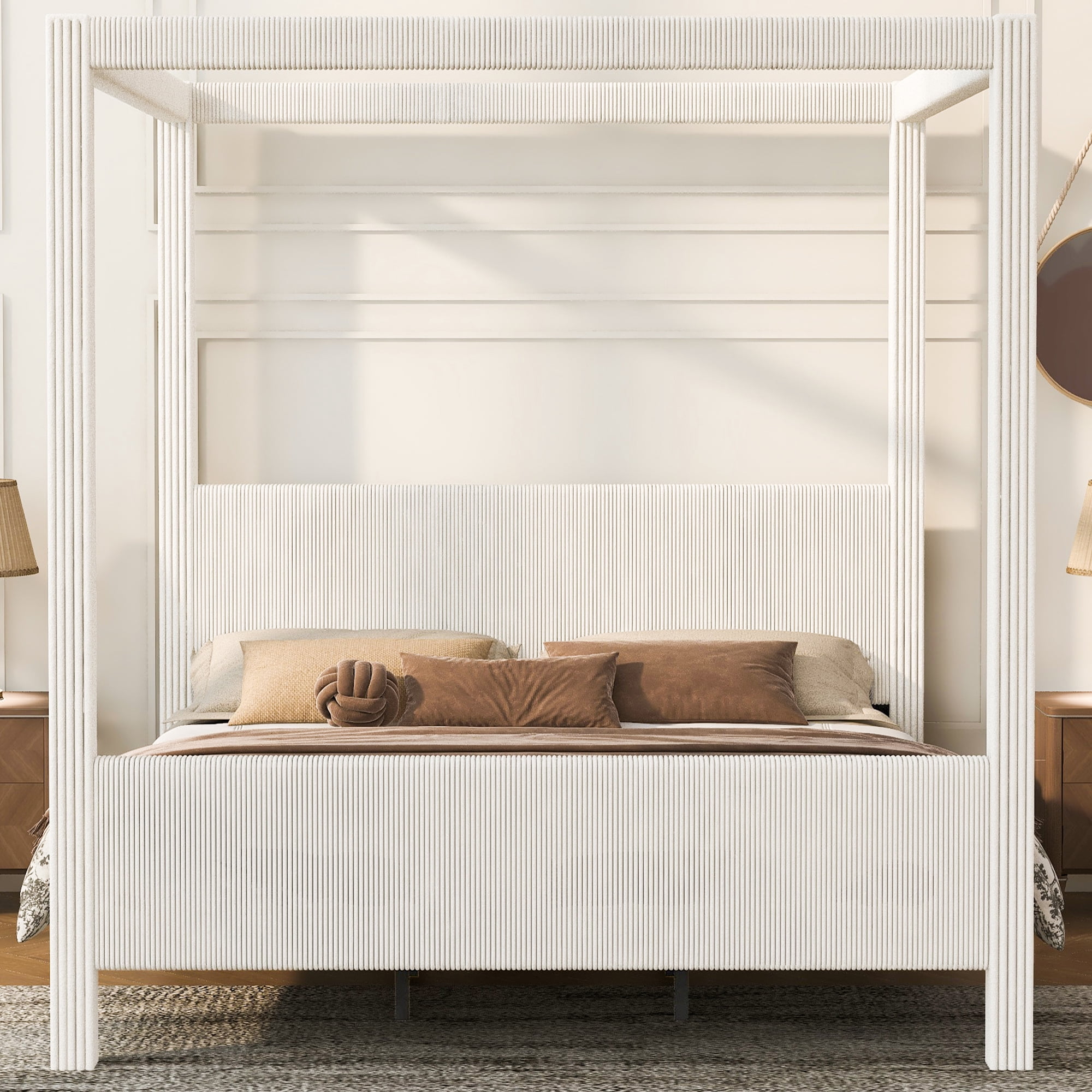Euroco Upholstery King Size Canopy Platform Bed, No Box Spring Needed, Beige