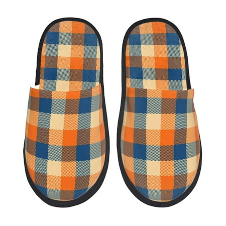 Balery Warm Orange Plaid Slient Indoor Furry Fleece Comfort House Shoes Soft Non-Slip Home Shoes Cotton slippers House Slippers-- Large