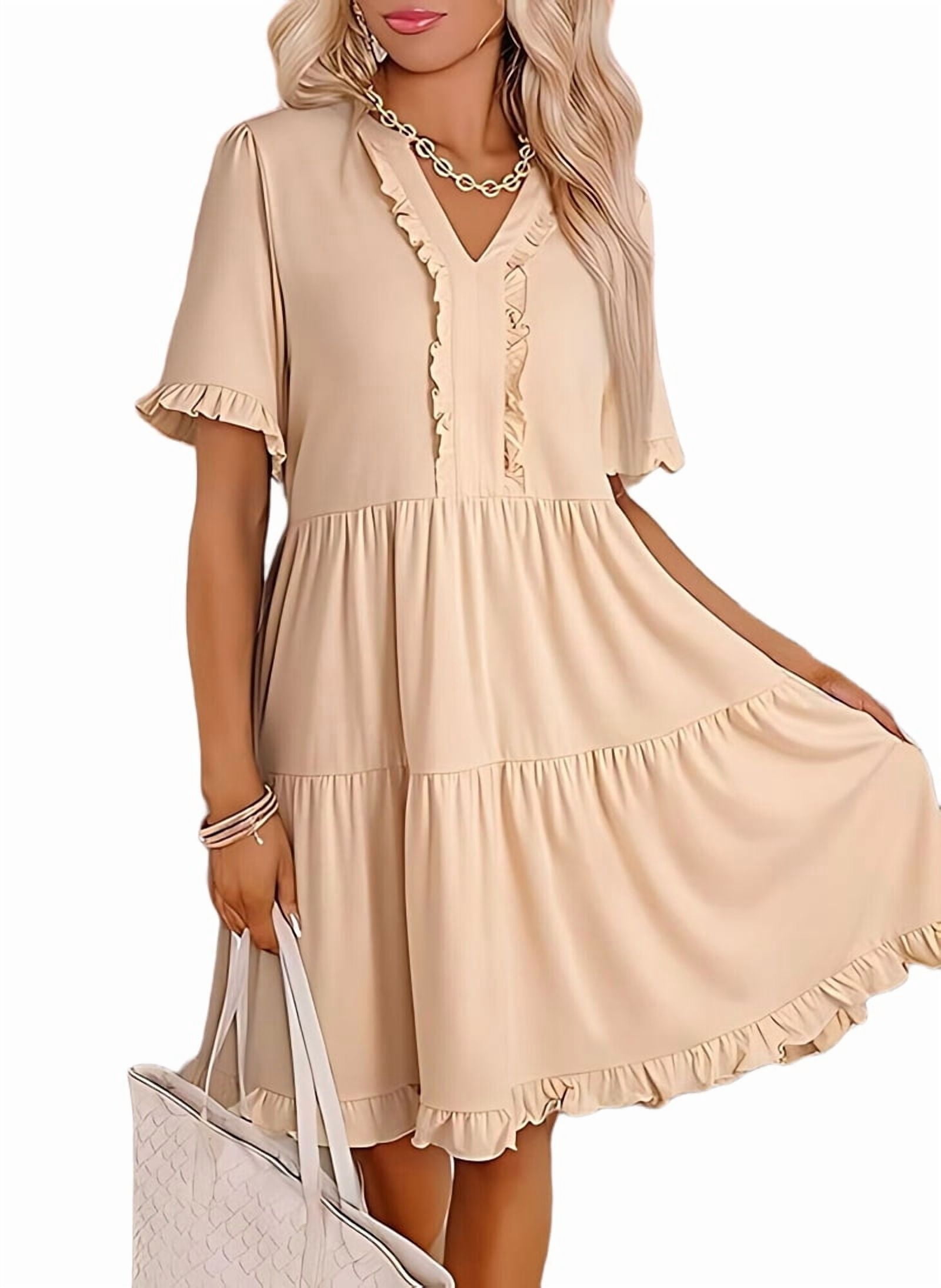 Womens Dresses 2025 Summer Spring V Neck Short Sleeve Casual A Line Flowy Swing Shift Dress Mini Dress Apricot XL