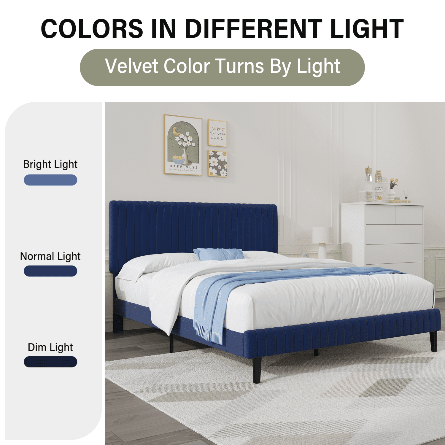 4 EVER WINNER Queen Size Bed Frame, Queen Size Upholstered Platform Bed Frame with Vertical Channel Tufted Headboard, Blue Queen Bed Frame, Blue