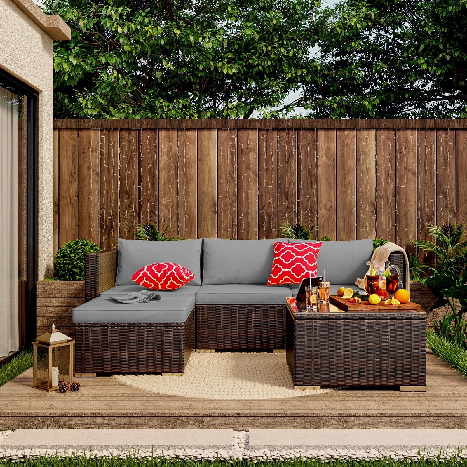 Large Aiho 5 Piece Weather Resistant Rattan Patio Furniture Set with Metal Frame Cushions and Glass Table Grey Walmart