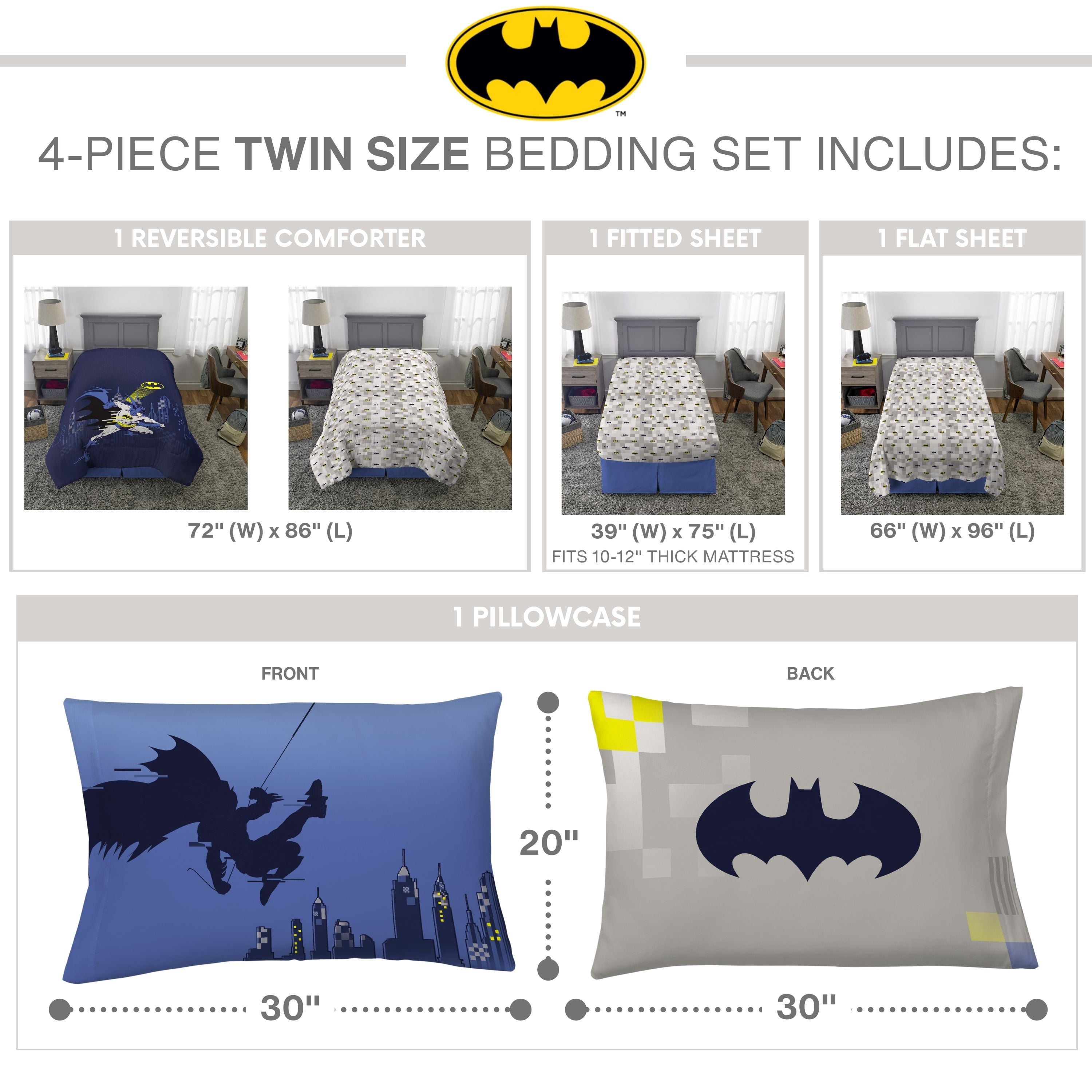 Batman Kids Blue Gray 4 Piece Reversible Comforter, Bed in a Bag, Twin