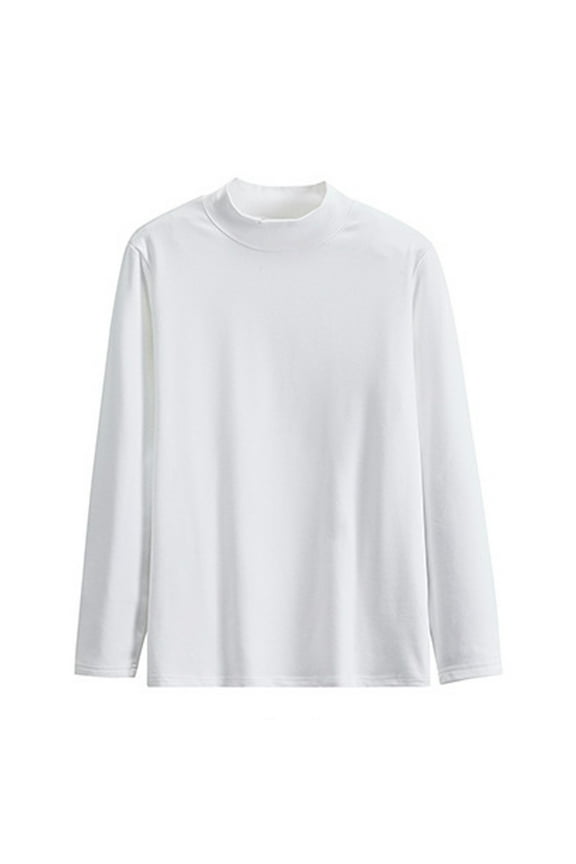 Men's High Neck T-Shirts Tee, Long Sleeve Turtleneck Solid Color Stretchy Casual Pullover Tops White