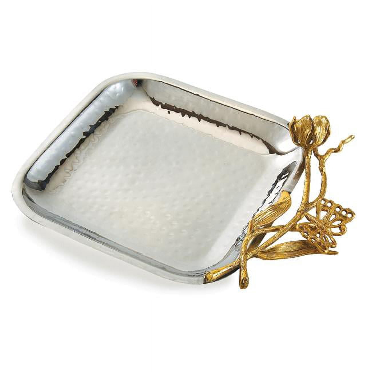 Elegance Serviertablett, Quadratisch, 20 Cm – Goldene Ranken-Verzierung Auf Hammeriertem Edelstahl, Mit Griffen