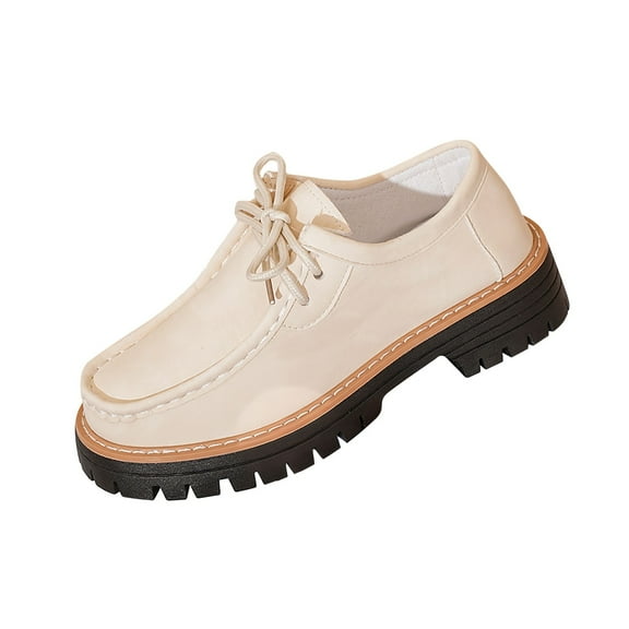 Beige Ladies Lace-Up Loafers With Frosted Round Toe And Thick Heel Mid-Heel Design For Casual And Outdoor Wear Comfortable And Elegant