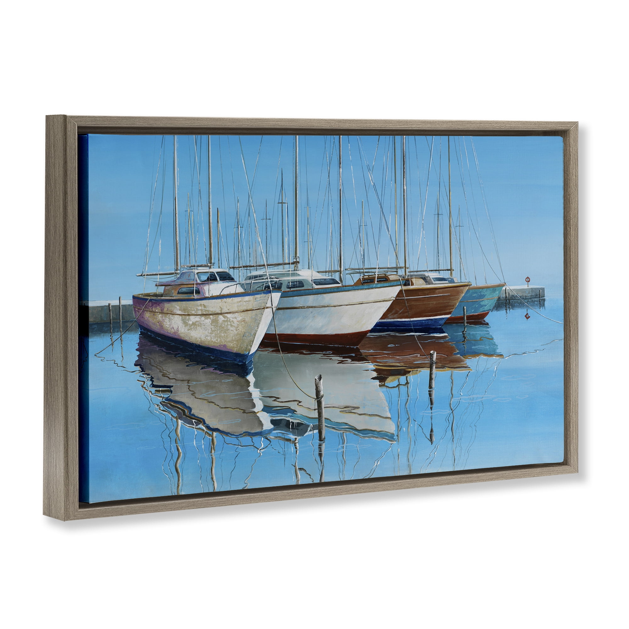 Stupell Industries Four Docked Boats Reflection Transportation Painting Brown Floater Framed Canvas Art Print Wall Art, 25 x 17
