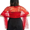 thumbnail image 2 of Women's Floral Scarf Cape Scarf Lace Scarf Wings Scarf with Tassels Soft Mesh Fringe Wraps for Wedding, Party-Rot, 2 of 5