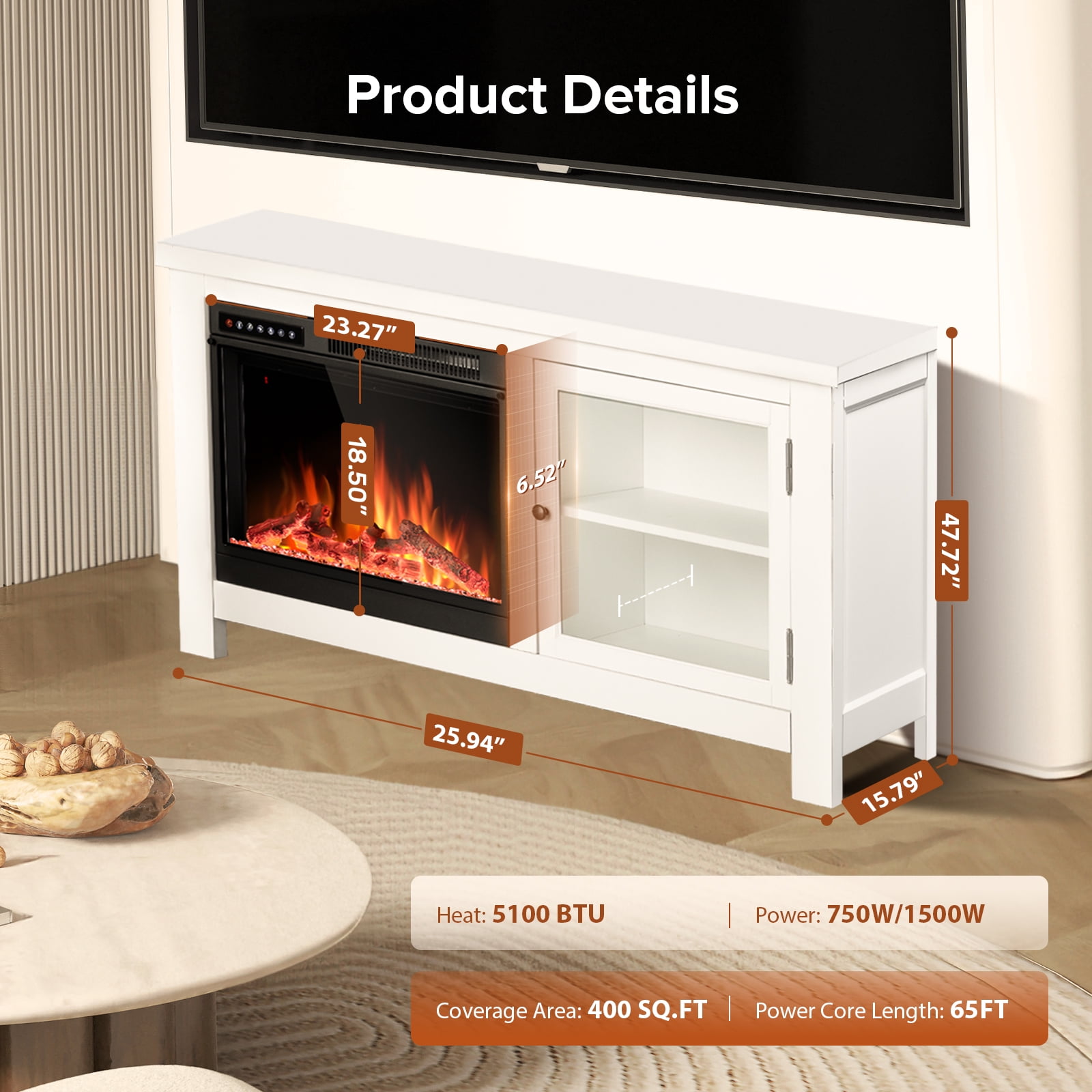 KISSAIR 48'' Electric Fireplace Mantel, Remote Control, Adjustable LED Flame, 750W/1500W Free Standing Fireplace（White）