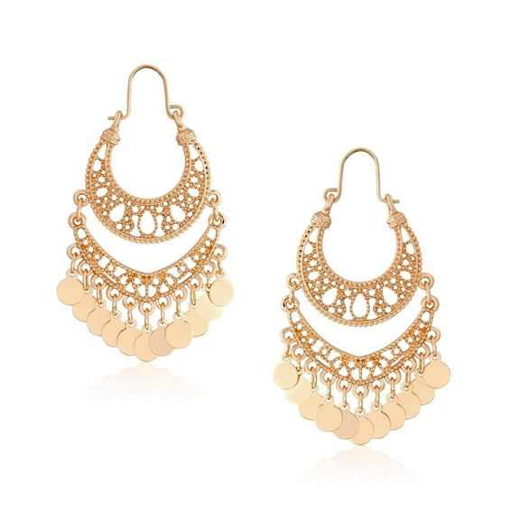 Gold Tassel Earrings, Bohemian Chandelier Dangle Earrings, Gold Filigree With Disc Charms, Indian Gypsy Style