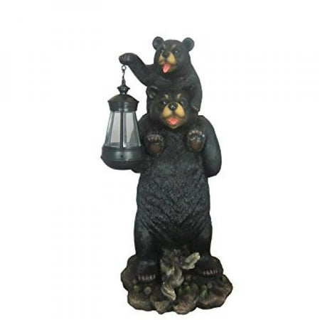 Black Statue With Lantern Bear And Cub Playful Outdoor Statue with Solar Lantern By DWK | Patio And Garden Decorative Sculpture ()