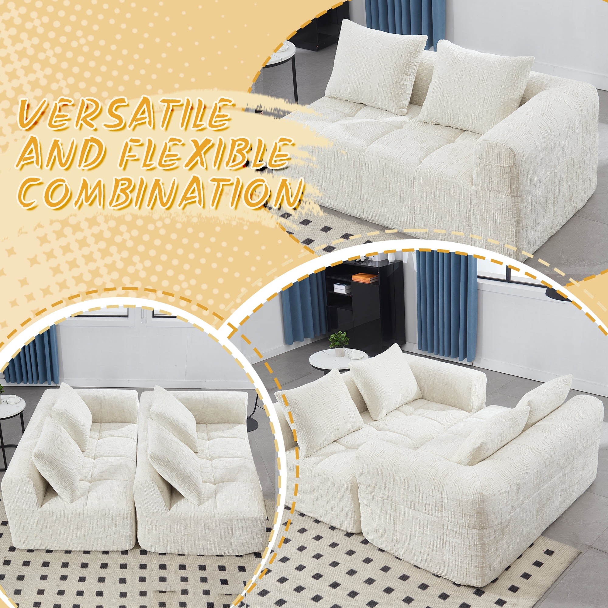 MOONMISS Chenille Upholstered Modern 2-Seater Lazy Compression Sofa with Small Side Pocket-Beige