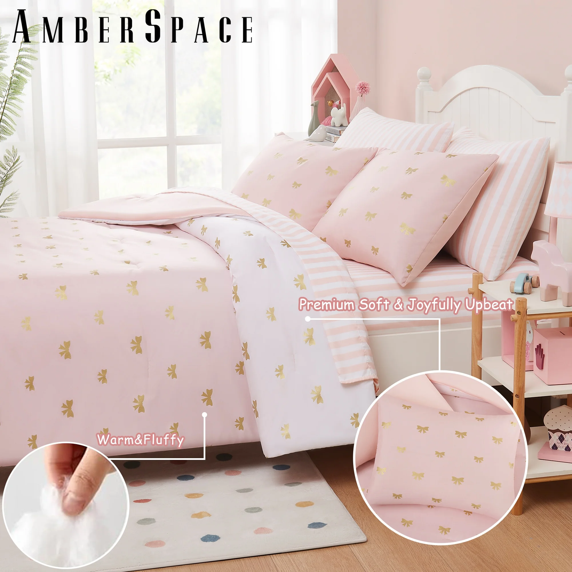 Amberspace gold foil Design 7-piece Bed in a Bag Comforter Set with Sheets,Pink/Bow Knot,Full
