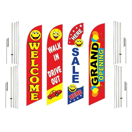 4 Swooper Flags With 4 Pole Kits Welcome Walk In Drive Out Sale Here Grand Opening