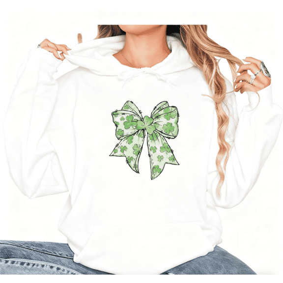 Lucky Clover Bow Print hoodie Graphic Sweatshirt White S-2XL Womens Saint Patricks Day Tops