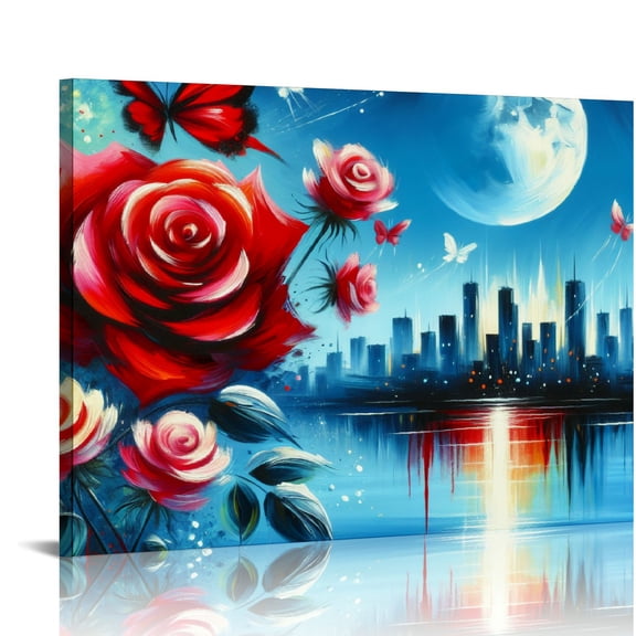 EastSmooth Red Rose Wall Art Paintings Flower Prints Pictures Wall Decor Blue Butterfly and Red Roses Modern Flowers Canvas Painting Artwork for Living Room Bathroom Bedroom Home Decorations