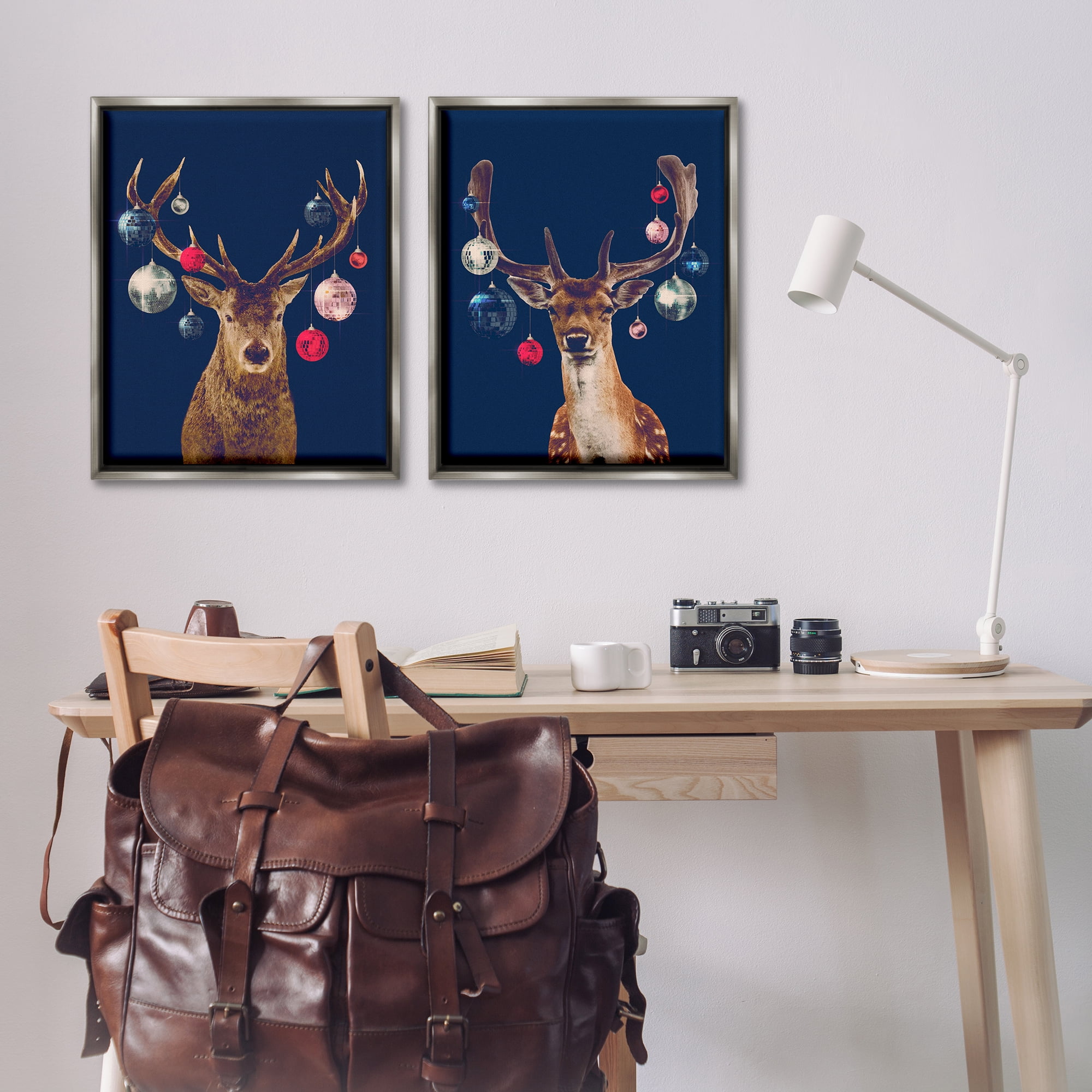 Stupell Industries Navy Brown Disco Deer Holiday Painting Gray Floater Framed Canvas Art Print Wall Art, 31 x 25, Set of 2