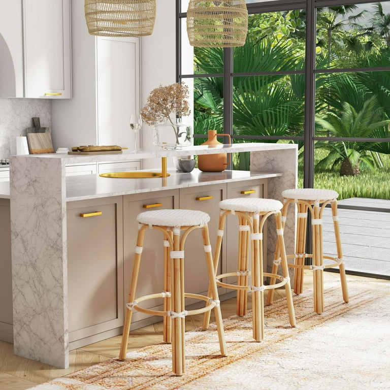 Tobias Glossy White Rattan Bar Stool, White