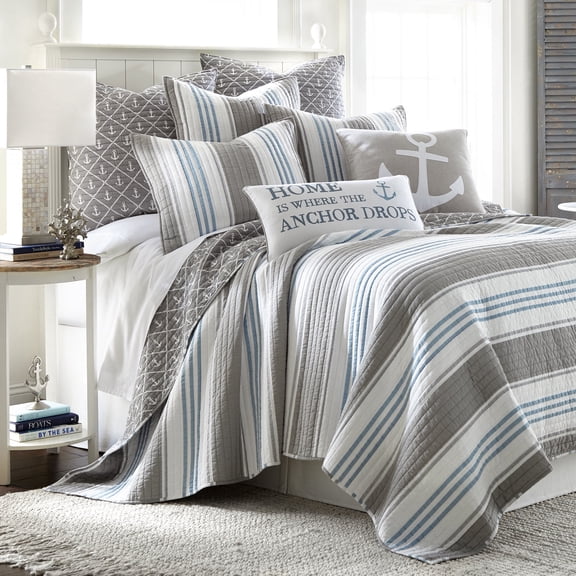 Levtex Home - Provincetown Full/Queen Quilt - Striped Coastal - Grey, White, and Blue - Quilt Size (88x92in.) - Reversible - Cotton Fabric
