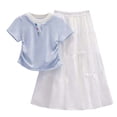thumbnail image 2 of qelini Girls 2 Piece Outfit 8-16Years Mock Layer Short Sleeve Top with White Skirt Casual Summer for Teens Solid Color Summer Wear, 2 of 8