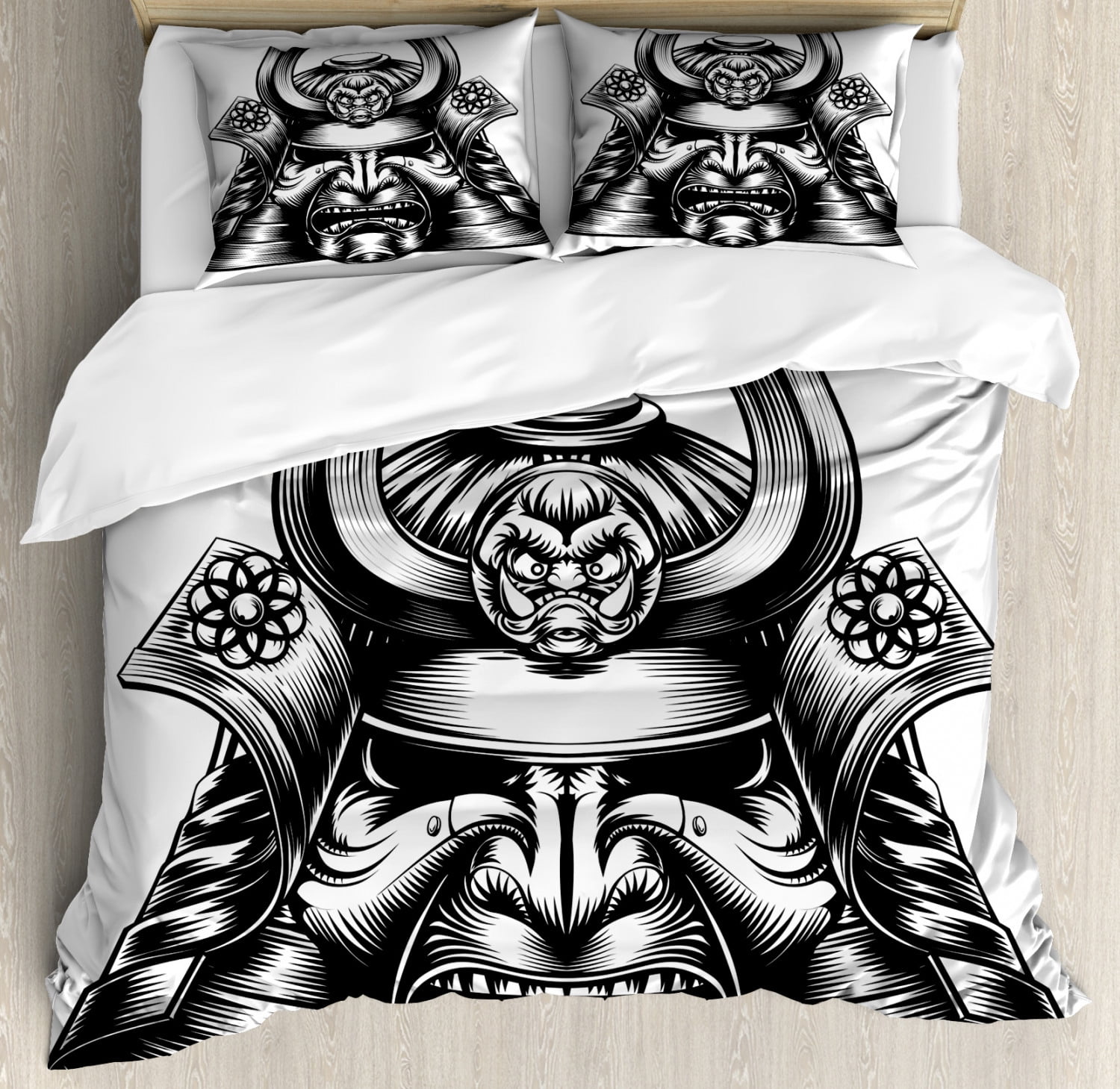 Japanese Duvet Cover Set, Vintage Style Oriental Themed Demon Samurai