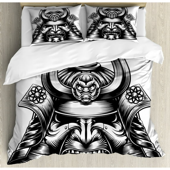 Japanese King Size Duvet Cover Set, Vintage Style Oriental Themed Demon Samurai Mask Eastern Style Martial Art Print, Decorative 3 Piece Bedding Set with 2 Pillow Shams, Black White, by Ambesonne