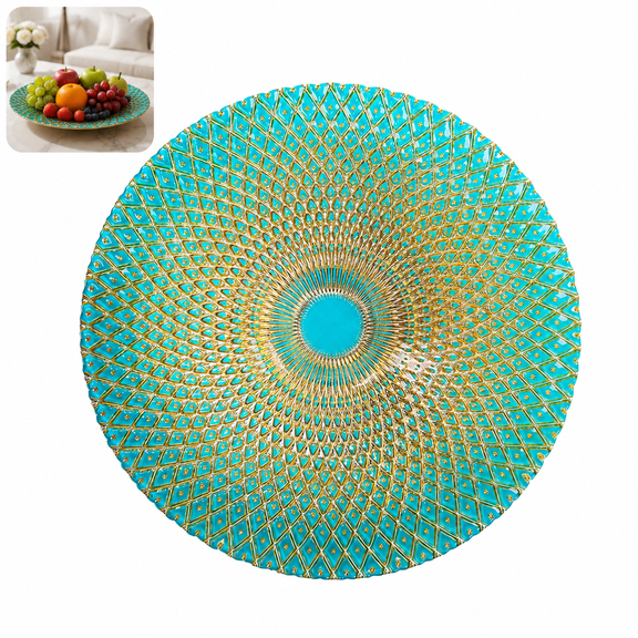 12.99 Inch Peacock Glass Serving Platter, Turquoise Gold Round Fruit Plate Dessert Tray, Decorative Plate for Snacks, Appetizers, Candy, Fruit, Table Centerpiece Home Decor