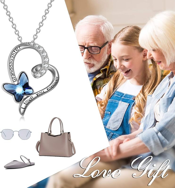 Granddaughter/Grandma/Nana/Daughter/Sister Necklace Gifts for Women 925 Sterling Silver with Blue Butterfly Crystal Heart Necklace, Valentine's Gifts for women