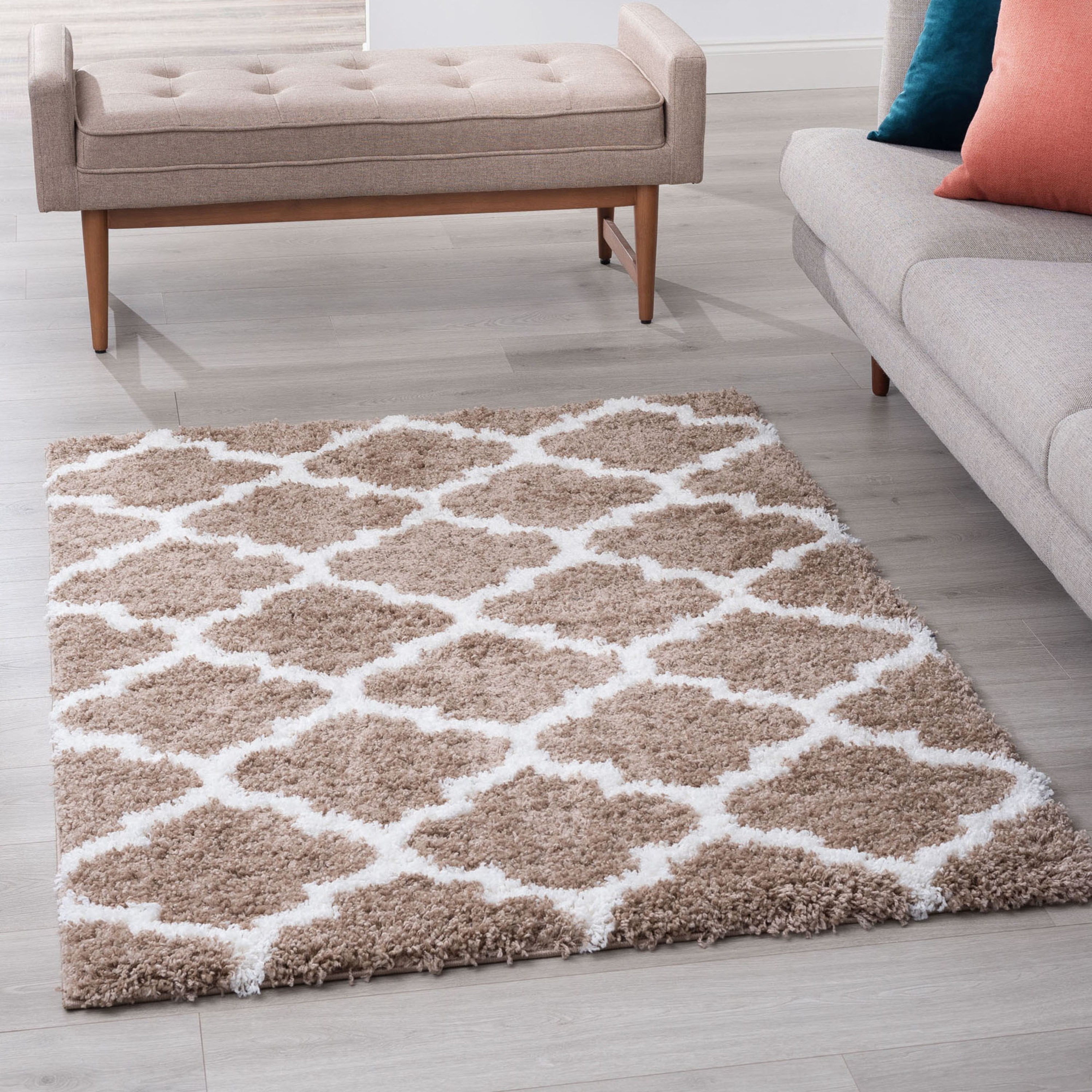 Jersey Shag Transitional Geometric Tan and White Polypropylene Indoor Area Rug, 9'x12' Rectangle