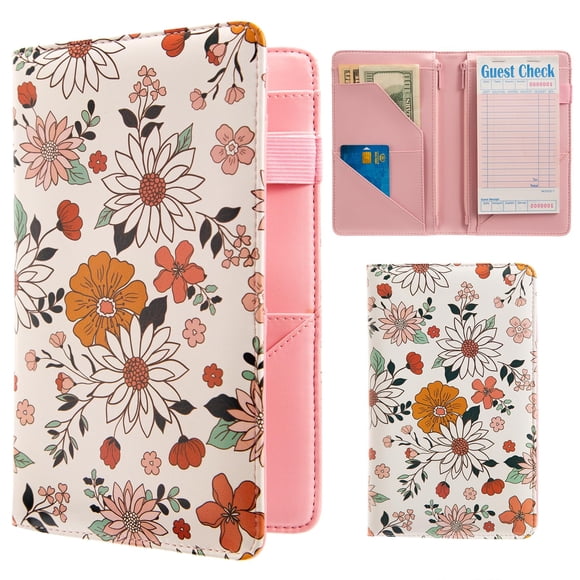Libro para servidores BECEERE rosa con 2 bolsillos con cremallera, diseño floral blanco