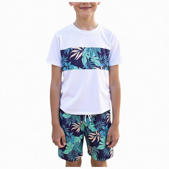 Gubotare Kid Boys Swimsuit Boys' Rash Guard Swimsuits Set 2 Piece Short Sleeve Swim Shirts with Trunks Quick Dry Bathing Suits Size 16 Years (White,16 Years)