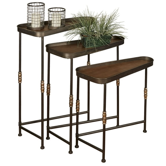 Brownyn Metal and Wood Nesting Tables Dark Bronze Finish 28, 30.5 and 36 Inches Tall Set of 3