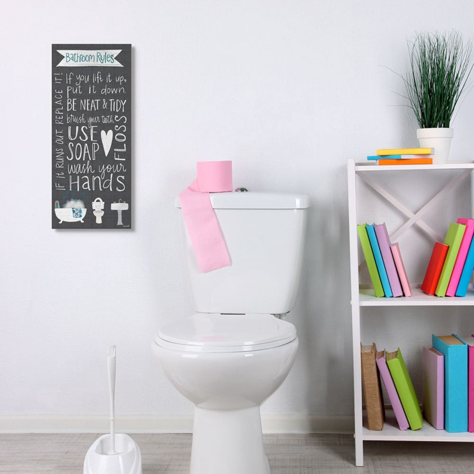Stupell Industries Bathroom Rules Sign Whimsical Tub Toilet Sink Design by Katie Doucette, 10" x 24"