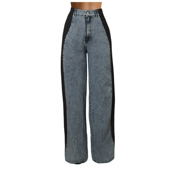 Woman Pants Summer Thin Patchwork Stripes High Waist Loose Jeans Color Block Wide Leg Denim Pants Sweatpants Woman Pink L
