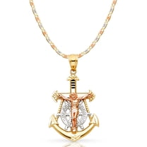 Ioka-14K Tri Color Gold Jesus Crucifix Anchor Pendant with 2.6mm Valentino Star Diamond Cut Chain Chain Necklace - 24"