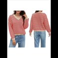 thumbnail image 3 of Suéter de Rayas de Larga para Mujer, Cuello en V, Bloque de Color, Punto Suave, Jersey de Moda Rojo y XXL, 3 of 8